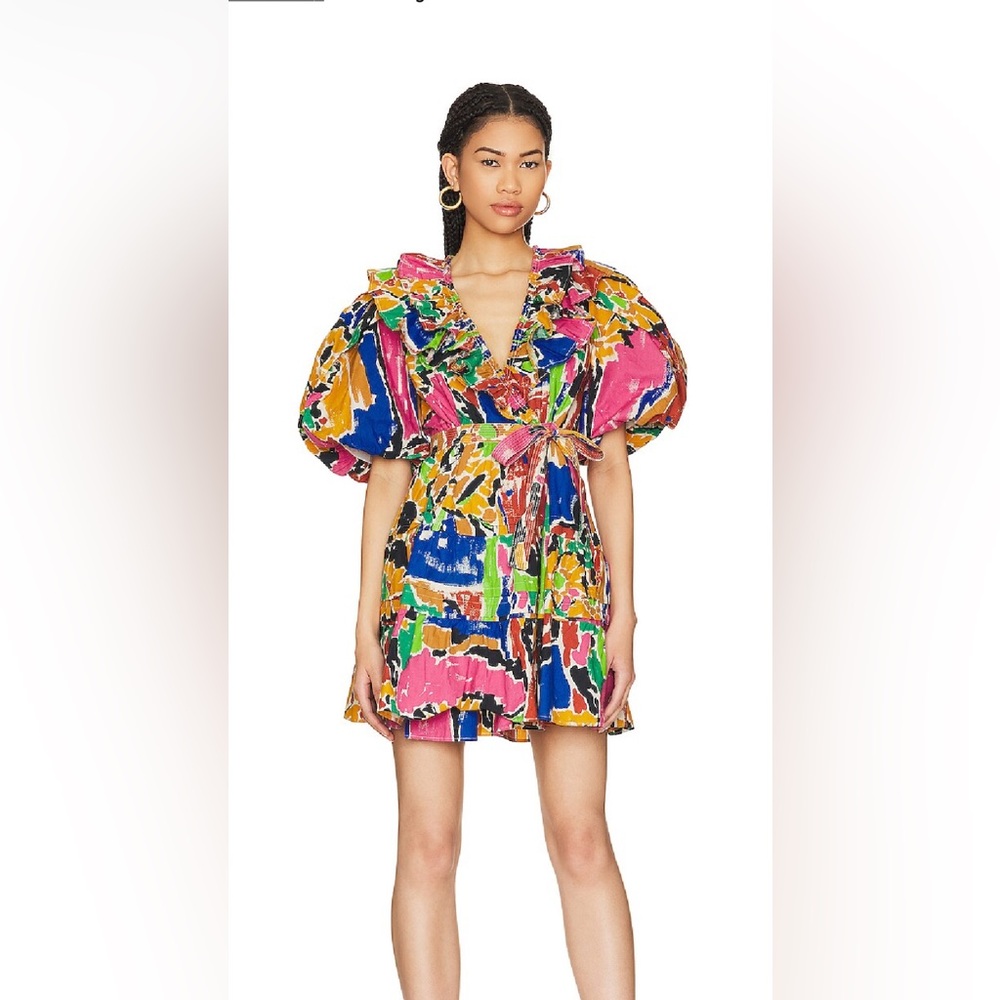 Love the Label Penelope Print Remy wrap short sleeve colorful mini dress XS
